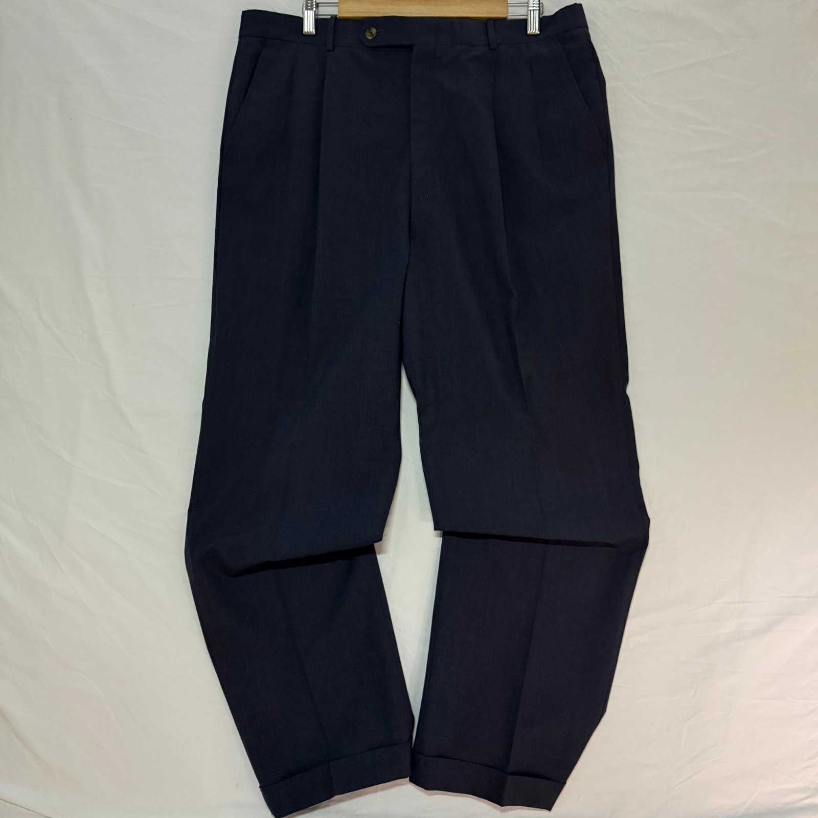 Vintage Tom James Pleated Wool Dress Pants 36x31 Navy Cuffed USA Mens