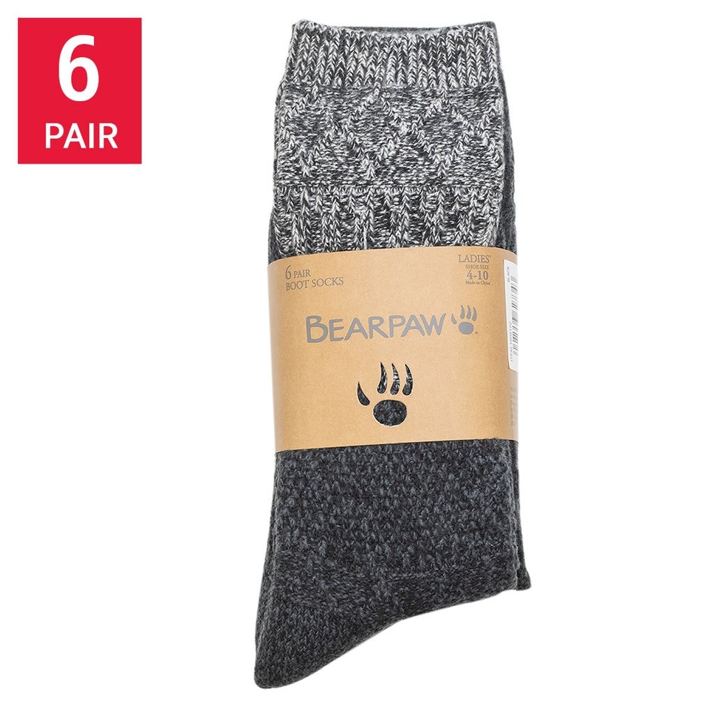 BEARPAW Women's Boot Socks 6 Pair Pack Black Ivory Ladies Shoe Sizes 4-10 Soft