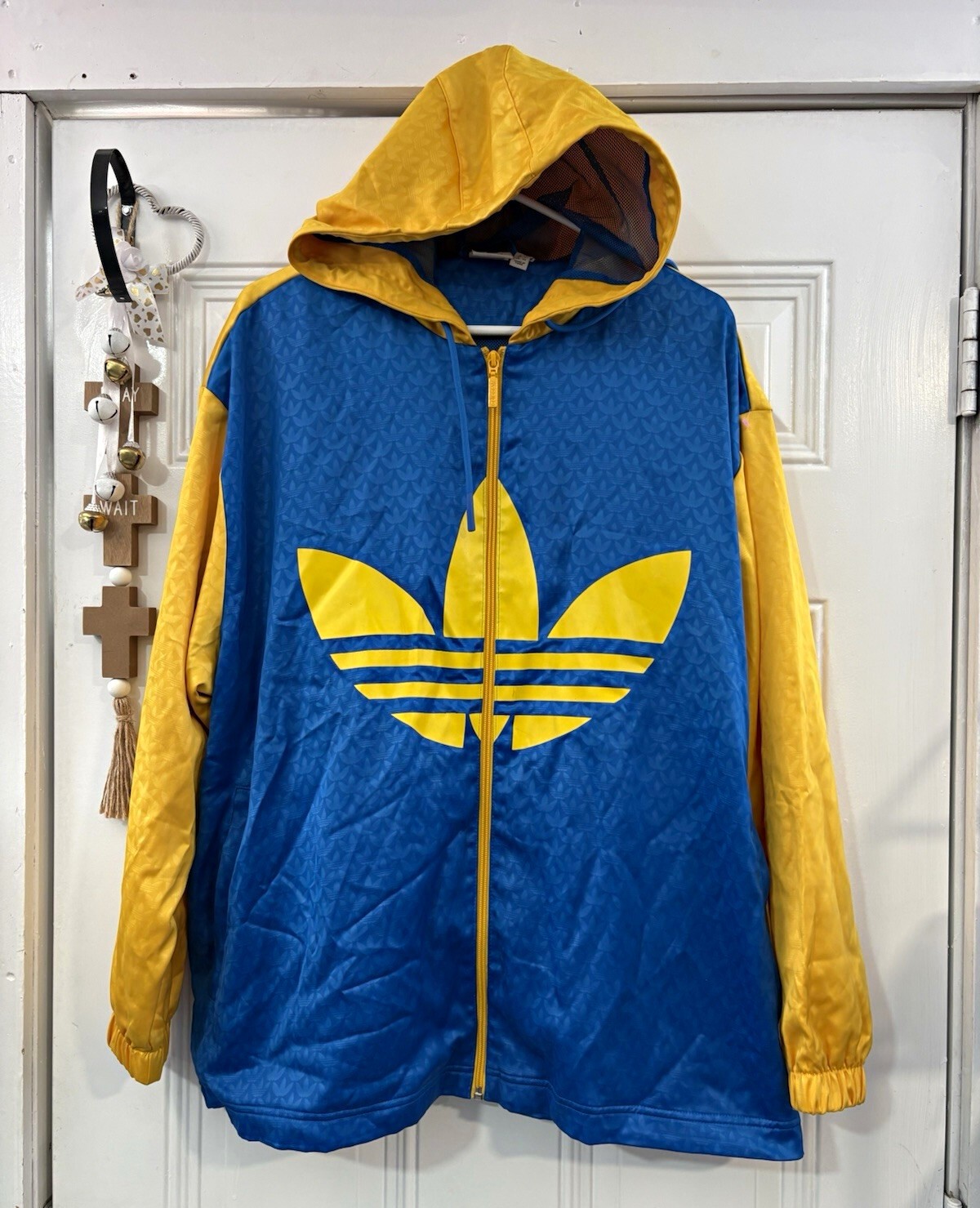 adidas Originals Men\'s Hooded Zip 90s Windbreaker Trefoil Logo Blue Yellow M