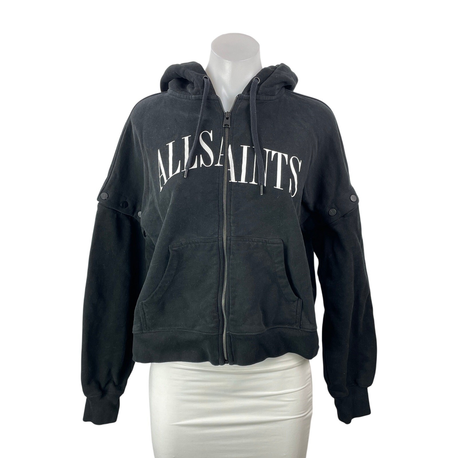 AllSaints Women\'s Black Spell Out Logo Zip Hoodie Hooded Sweatshirt Top Size S