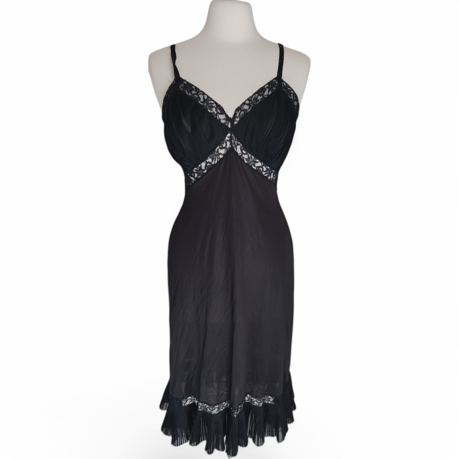 Vtg 60s Vanity Fair Black Lace Nylon Slip M Chifon Pleated Hem/Movie Star Look