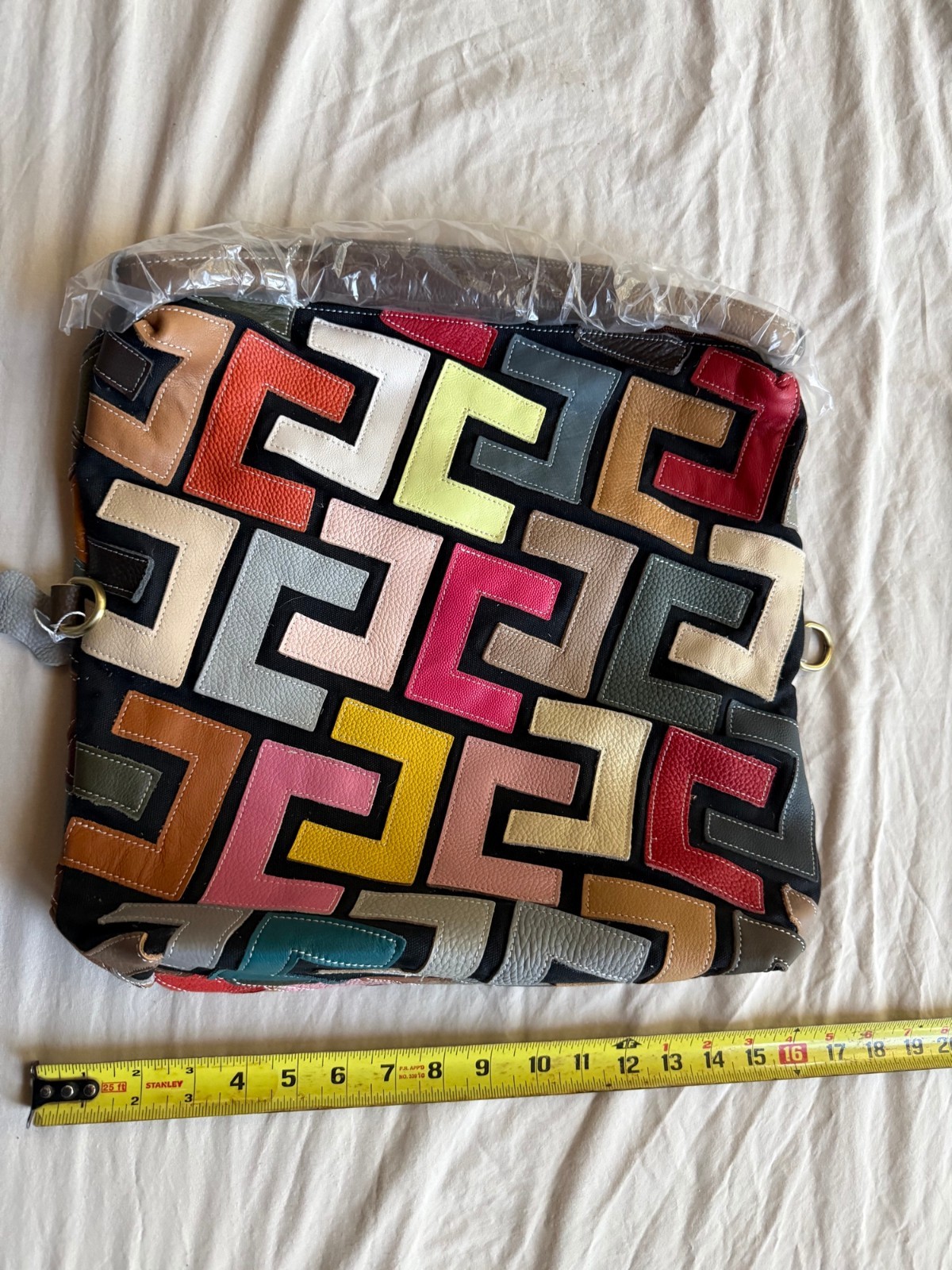 NWOT Two-Sided Genuine Leather Patchwork Shoulder Bag Geometric Diamond Dust Bag