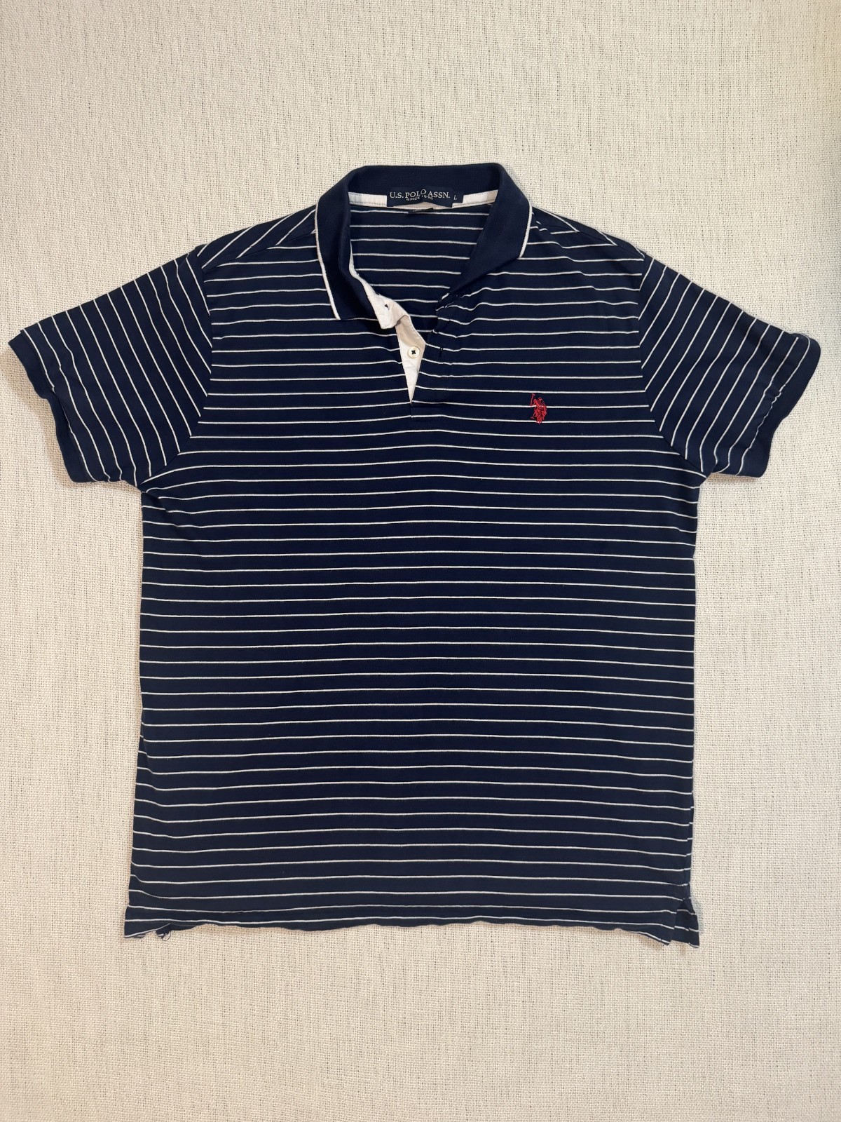 U.S. Polo Assn. Mens L Navy Blue White Striped Polo Shirt Short Sleeve Logo