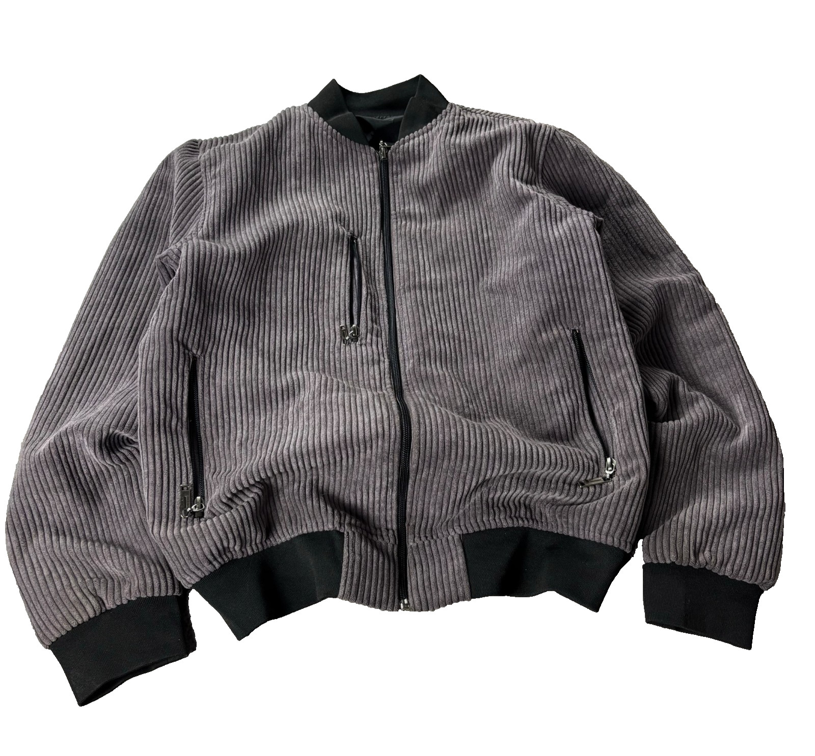 Y2K Japanese Corduroy Bomber Jacket Zip Up  Ribbed Trim Pockets Streetwear