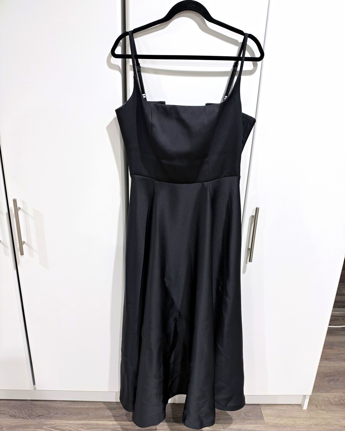 mare mare Black Satin Midi Dress Fitted A-Line Lace-Up Back Zip, Size L