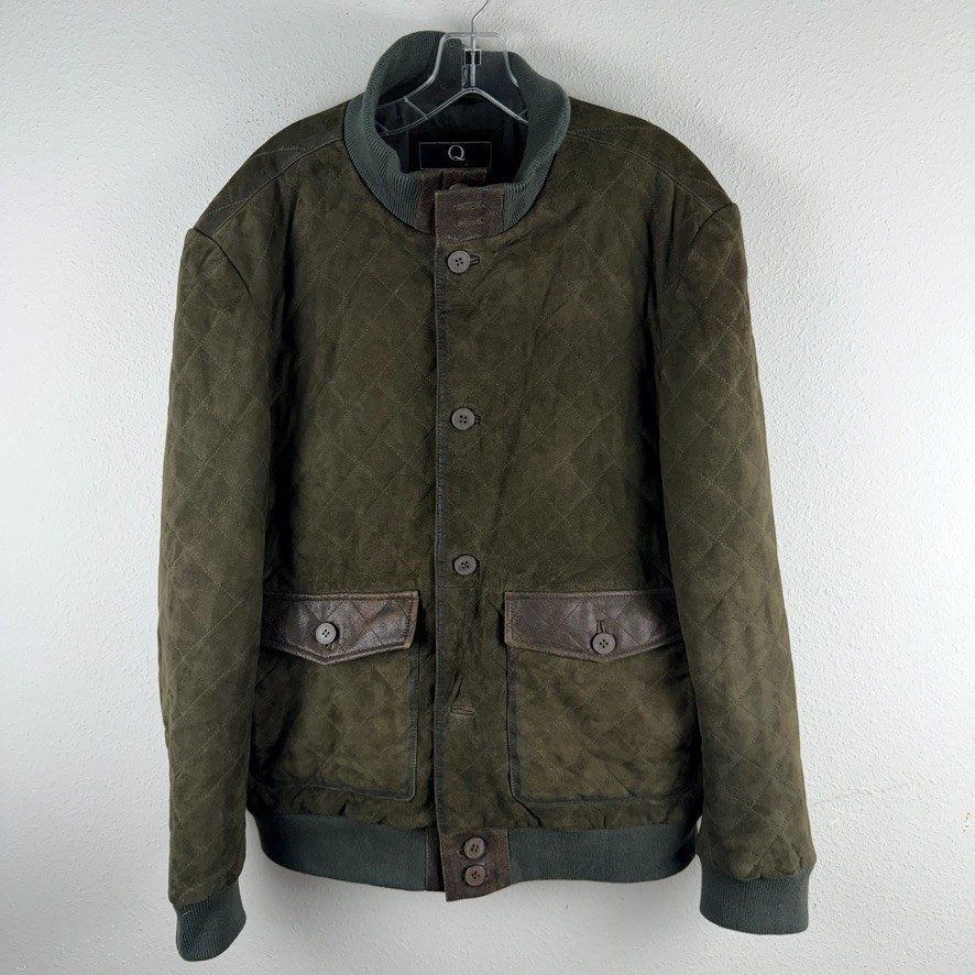 Q by Flynt Men M Quilted Suede Leather Jacket Green Chore Utility Military Coat