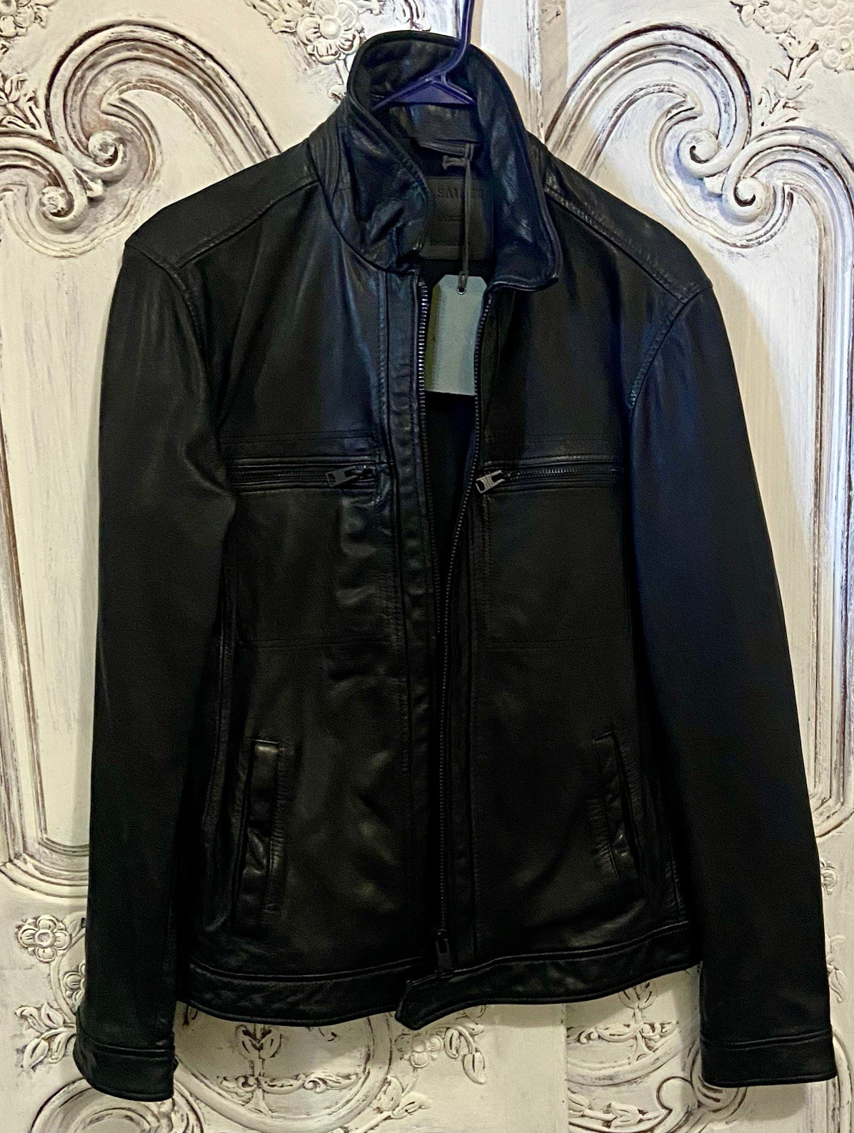 ALLSAINTS Lark Men\'s Black biker Leather Jacket NWT Stand-Up Collar Pockets L