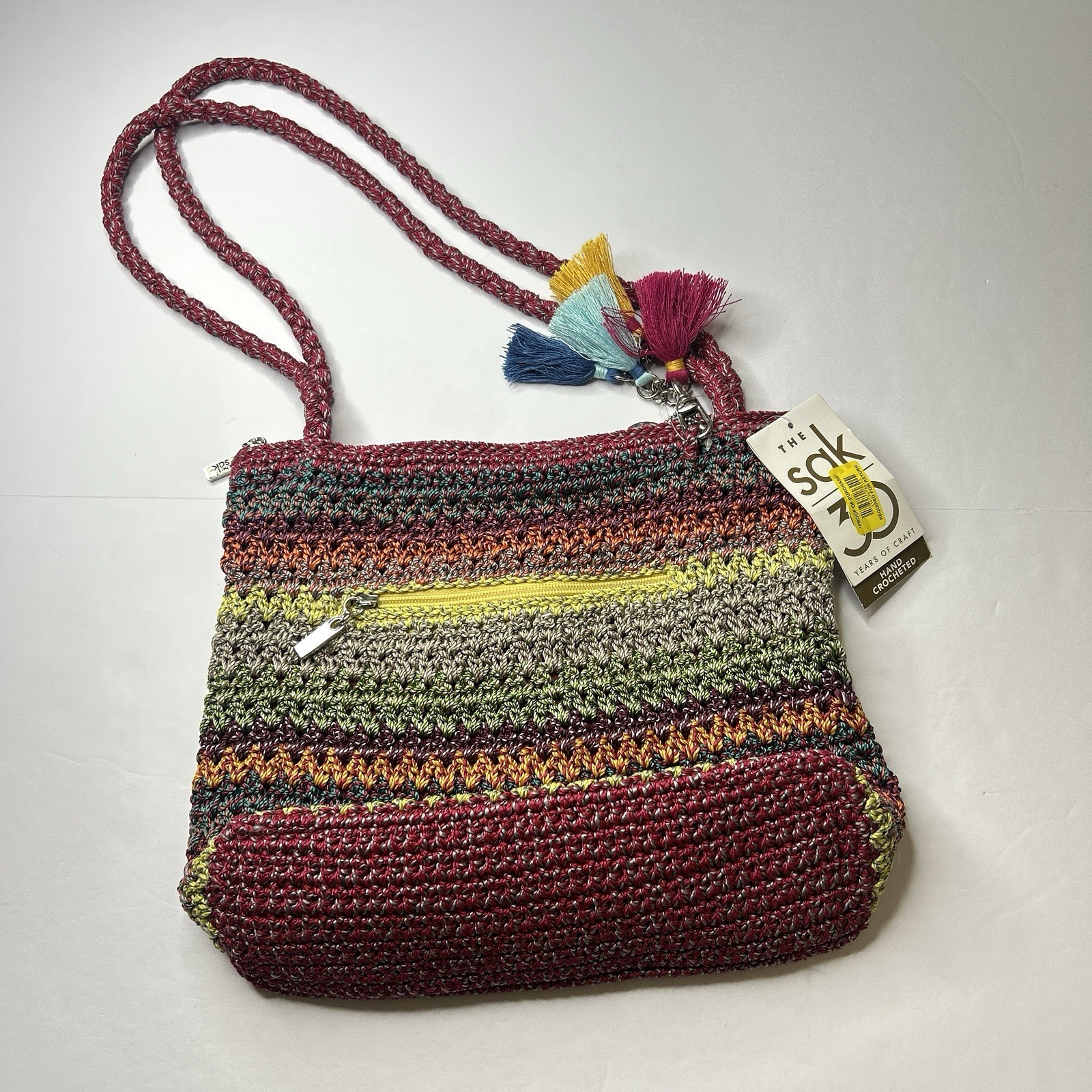 The Sak 30th Anniversary Crochet Shoulder Bag Rainbow Stripe Boho Tassel Purse