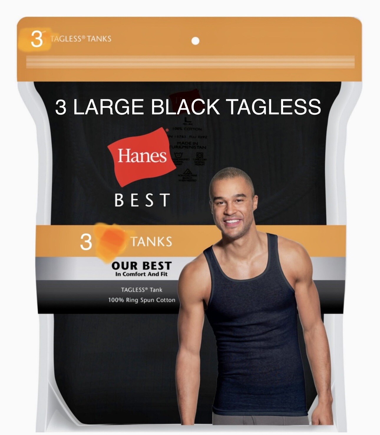 Hanes Best Men  100% Cotton Tank Top 3Pack Comfort  Size L Black