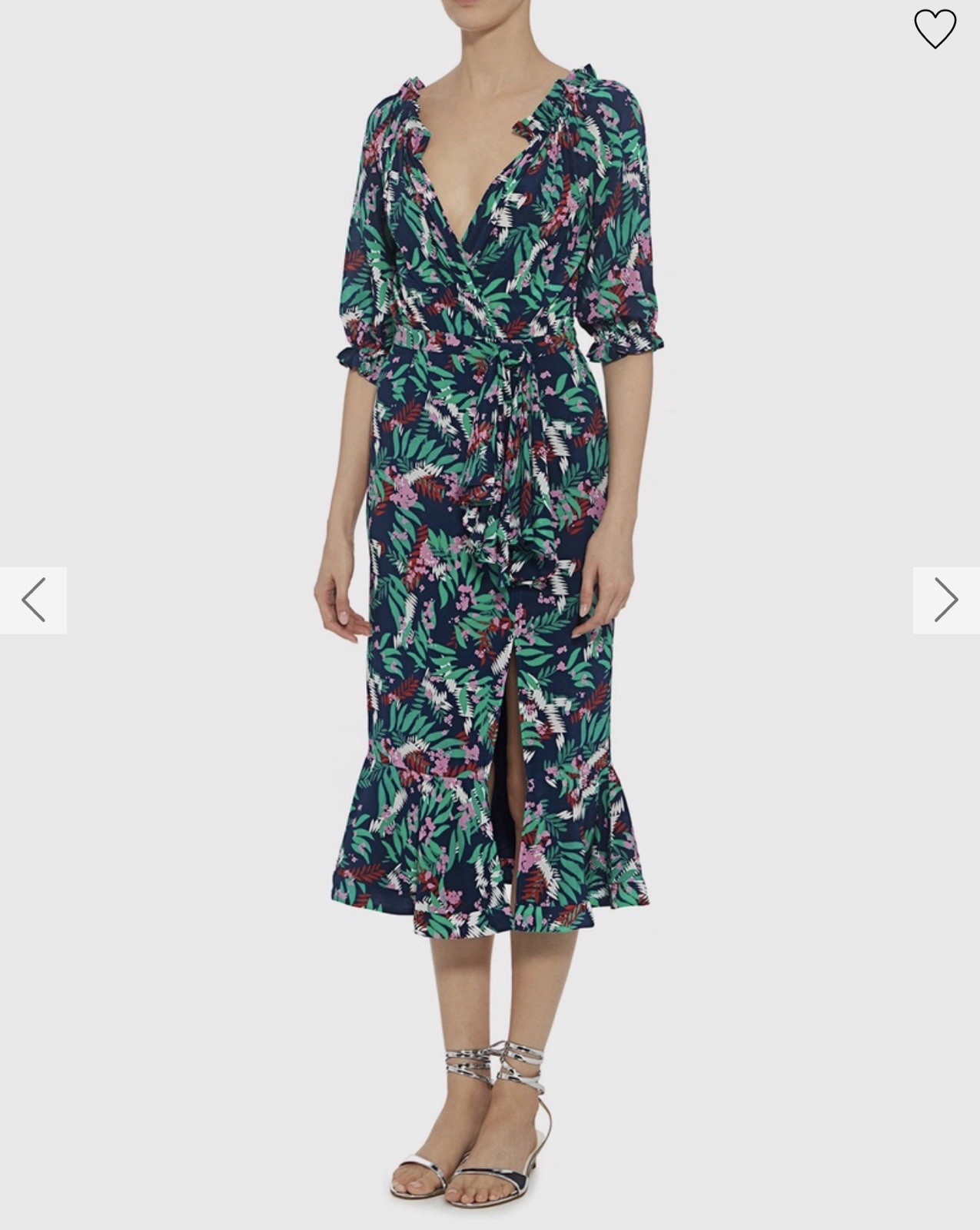 $696 SALONI Olivia Midnight Fern 100% silk midi ruffle  V-neck Wrap Dress US 4