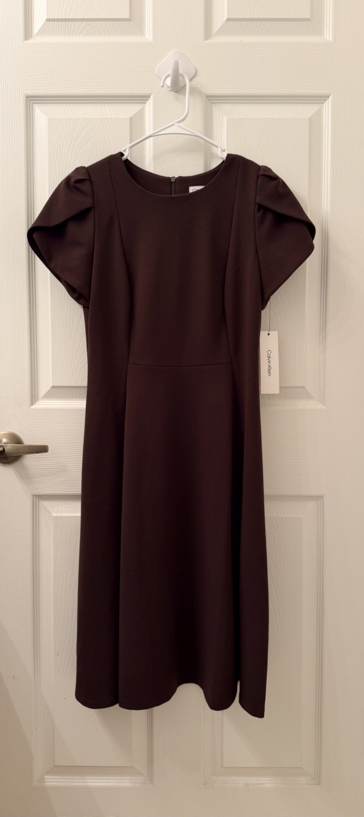 Calvin Klein Pleated Puff Tulip Short Sleeve Brown Sheath Dress Size 8 NWT $139