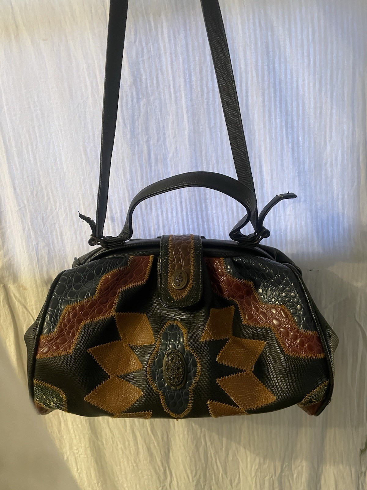 VINTAGE Rare 80s 90s Sharif Leather Patchwork Boho Hobo Bag
