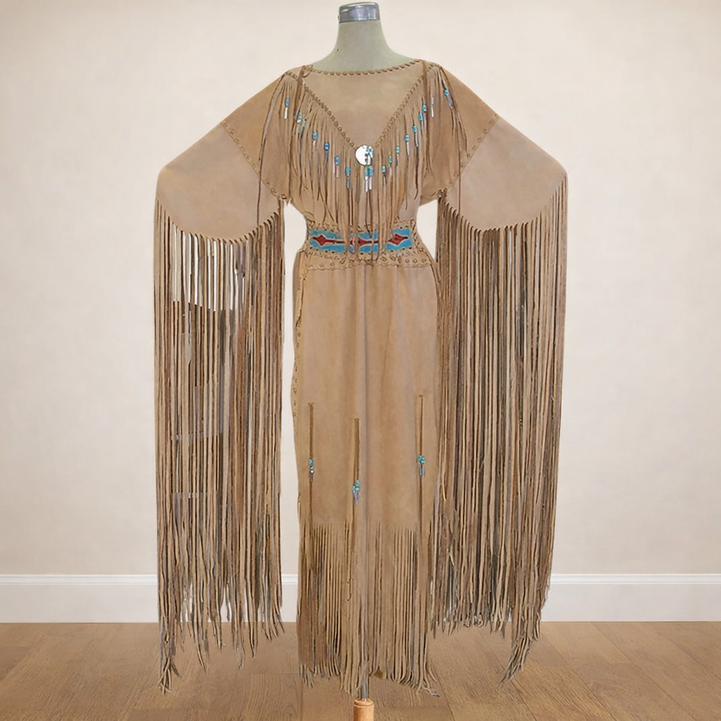 Handmade Native American Buckskin Fringe Dress with Beads & Belt - Tan.