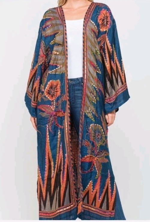 Raj Maria Sapphire Kimono Embroidered Long Duster Anthropologie Floral Hippie 