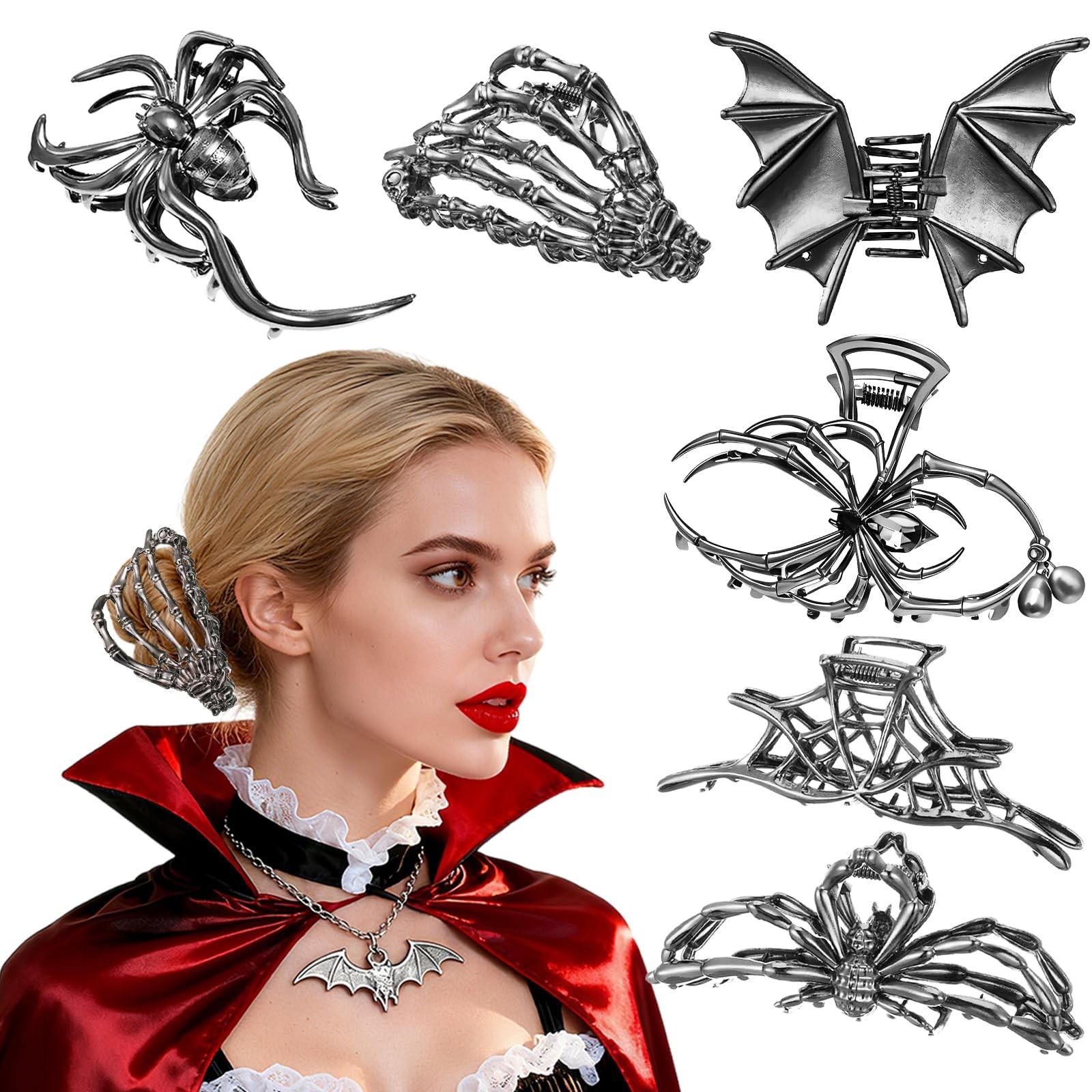 6 Pcs Metal Spider Hair Claw Clips Set, Black Spider Web Skeleton Hand Skull Bat
