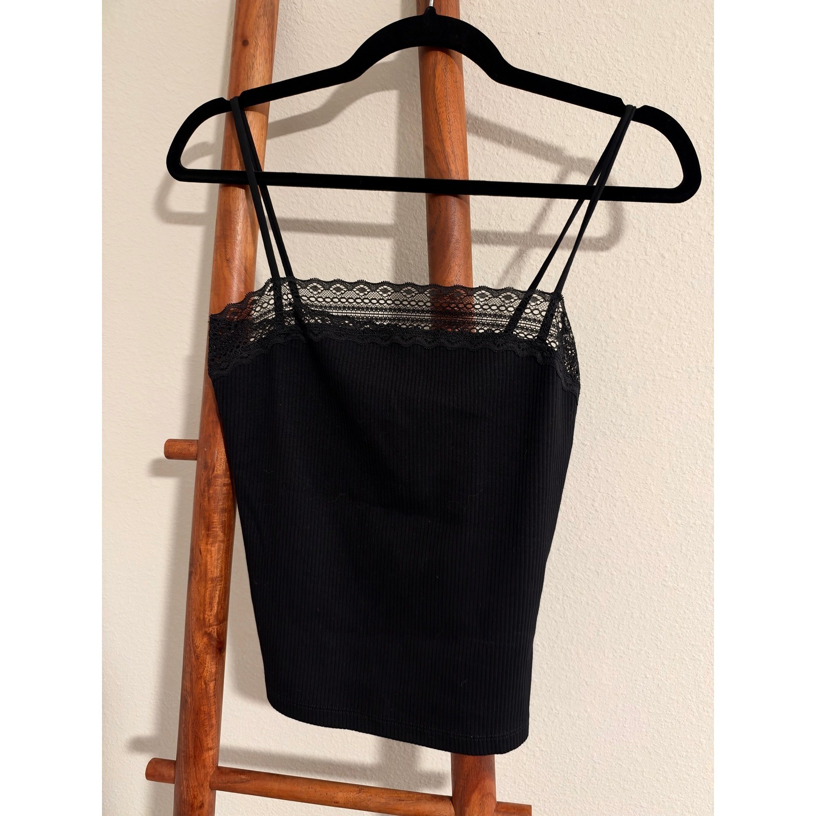NWT Madewell Lace-Trim Ribbed Cami Top True Black Women Medium