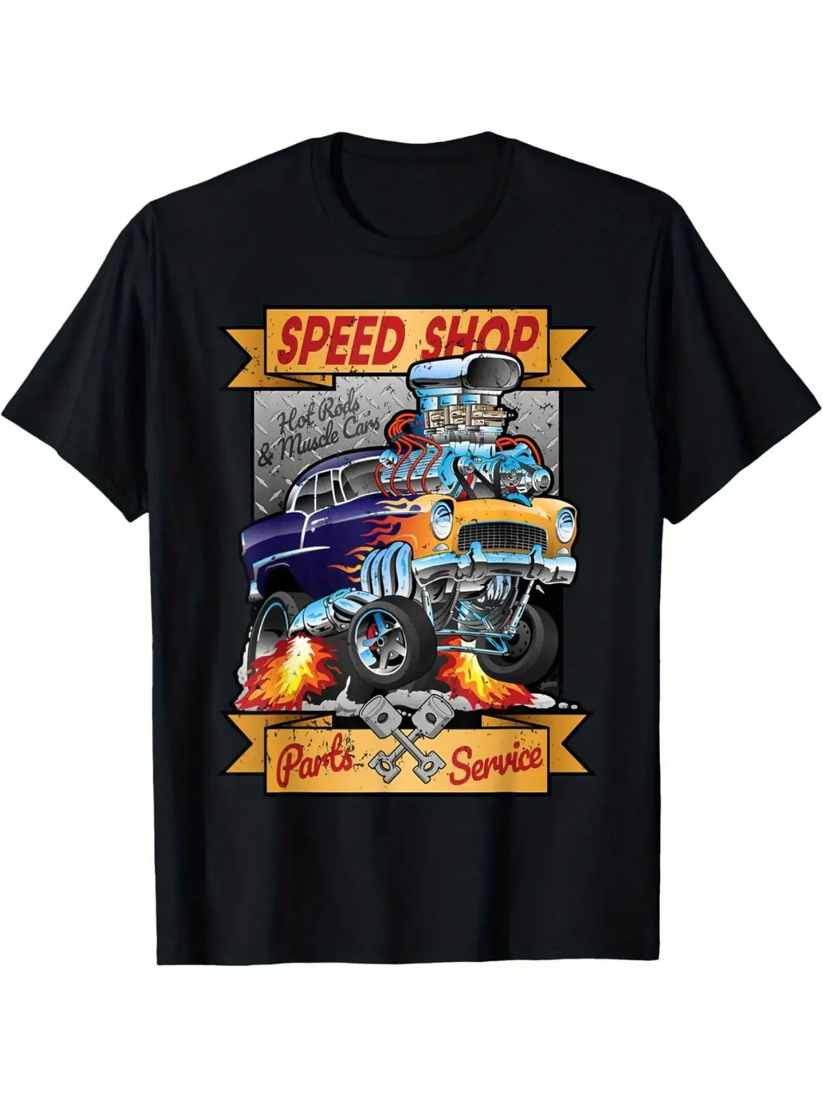 Vintage Hot Rod Muscle Car Men's T-Shirt- Black Cotton Classic Car Speed Shop Ca