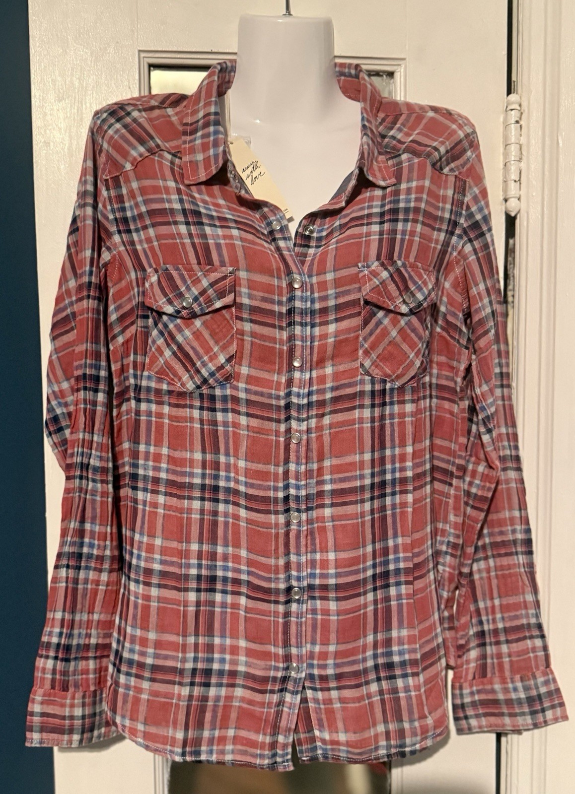 NWT Lovestitch Coral Plaid Cotton Western Snap Button Shirt Flannel Blouse Large