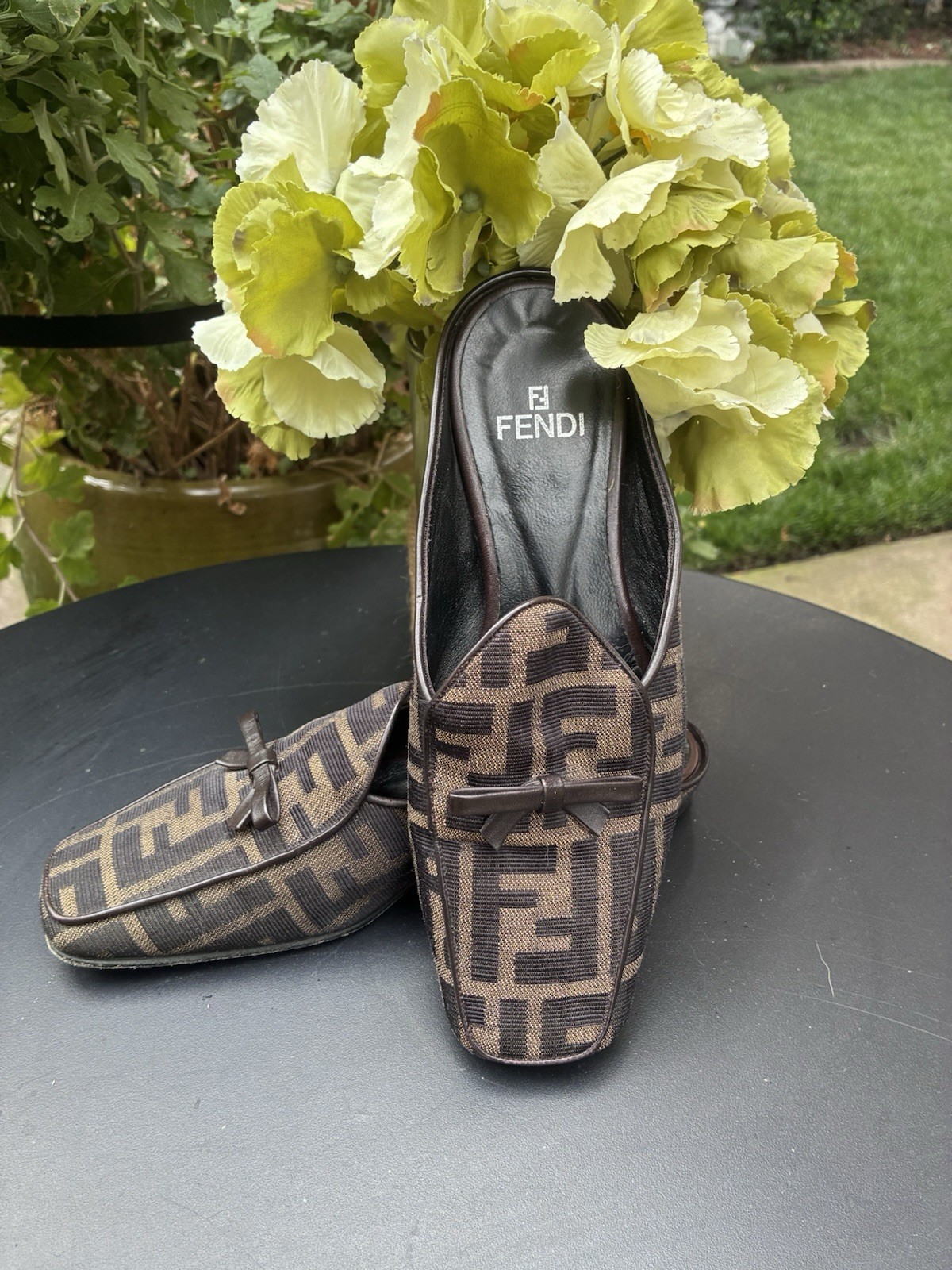 FENDI Zucca Monogram Canvas Flat Mules Moccasins Slides Bow Size 34.5 US 4.5