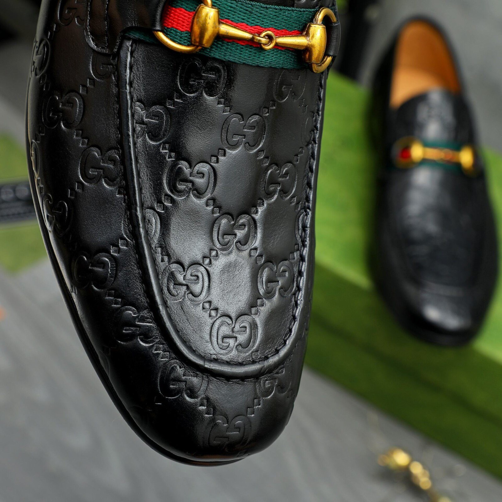 Men\'s Gucci Horsebit Web GG Loafers Black Leather Slip On Dress Shoes