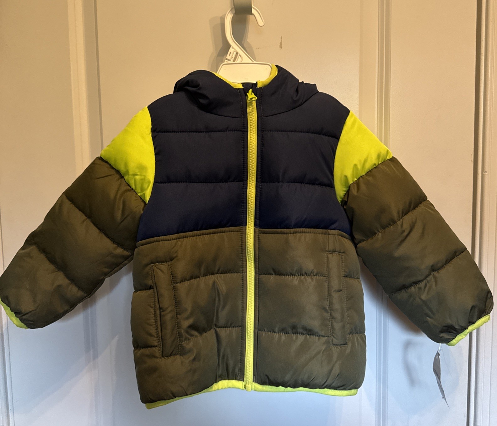 Jumping Beans 3T Lined Warm Puffer Jacket NWT DARK GREEN/BLUE/LIME GREEN