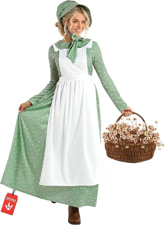 Women`s Betsy Ross Costume Colonial Prairie Pioneer Patriot Dress +  Bonnet