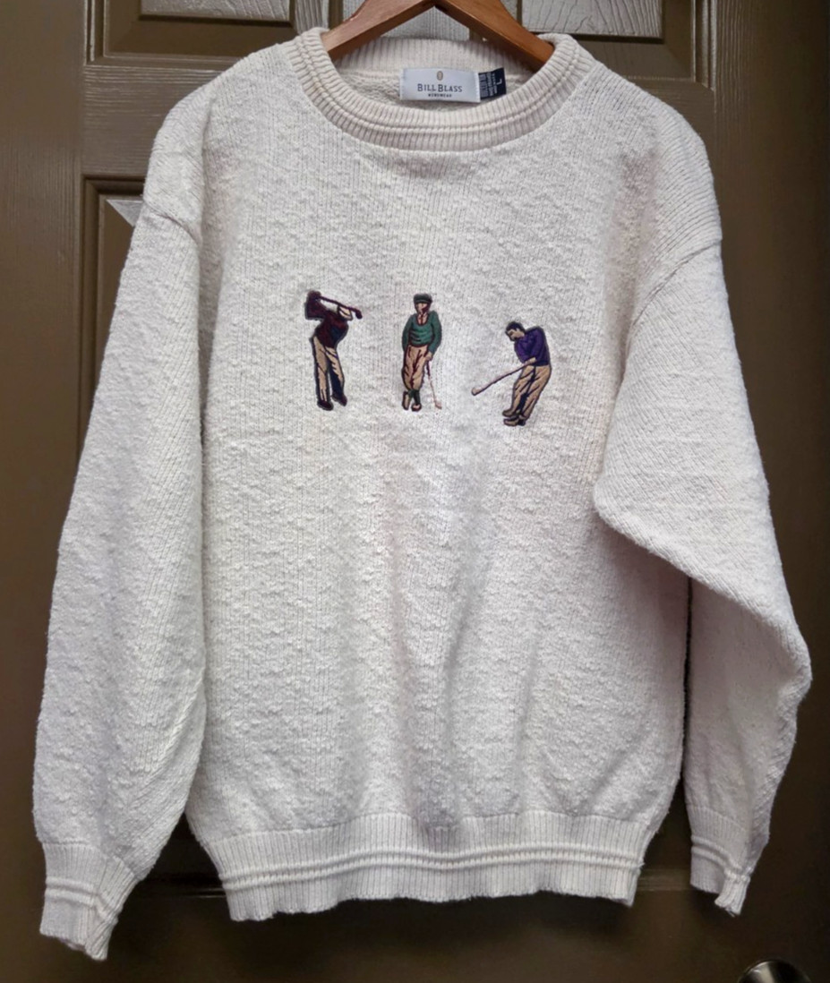 RARE VINTAGE Bill Blass Sweater Mens Sz L Ivory Embroidered Golfer 90\'s