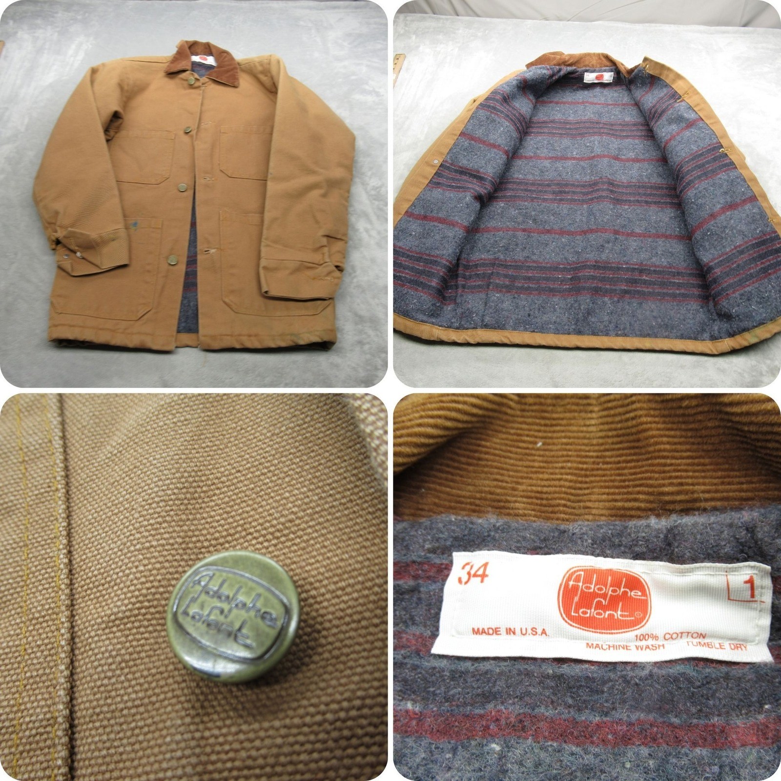 Adolphe Lafont Chore Coat Men Small? 34 Blanket Lined Canvas LOGO VTG USA 70s