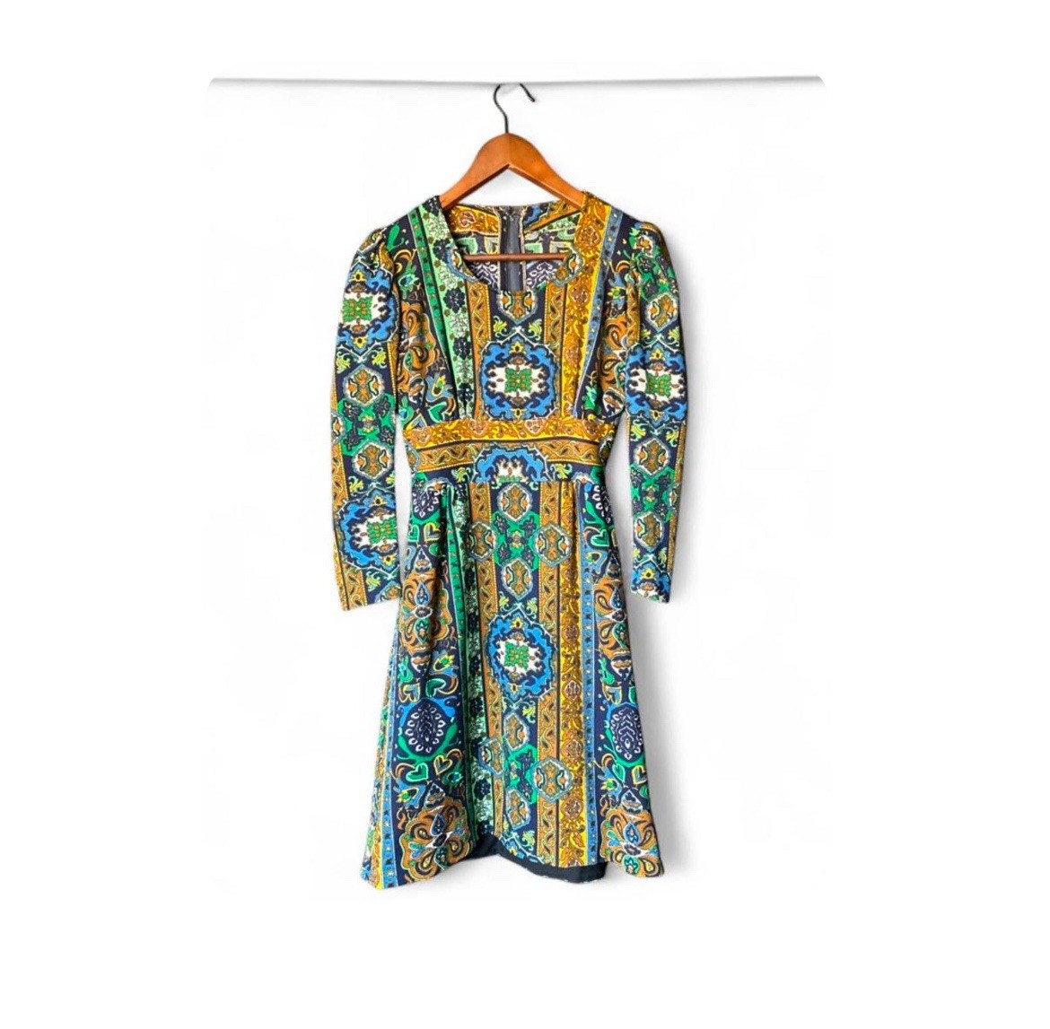 1970s Vintage Handmade In Israel Green, Blue, Gold Floral Motif Dress, S
