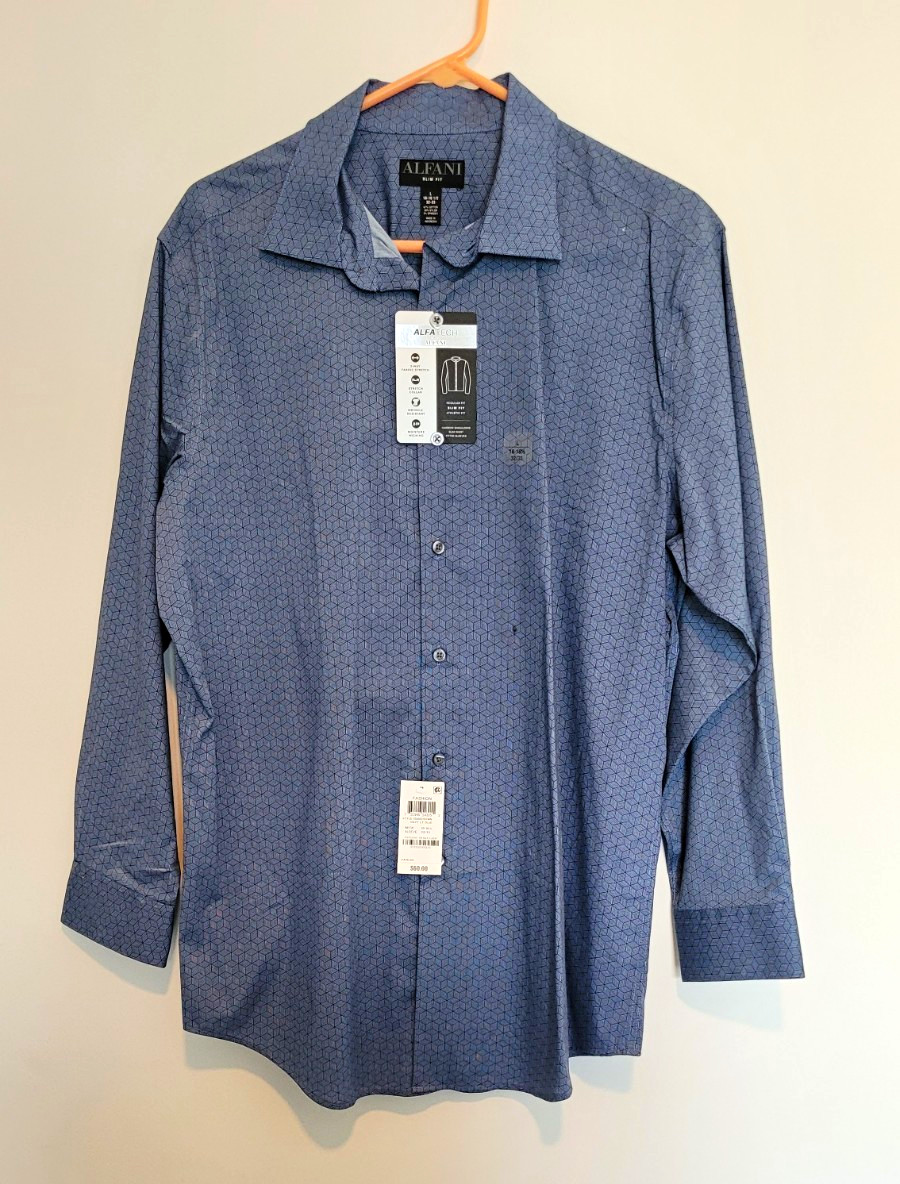 Alfani ALFATECH Slim Fit Blue Geometric Stretch Dress Shirt 16-16 1/2 32/33