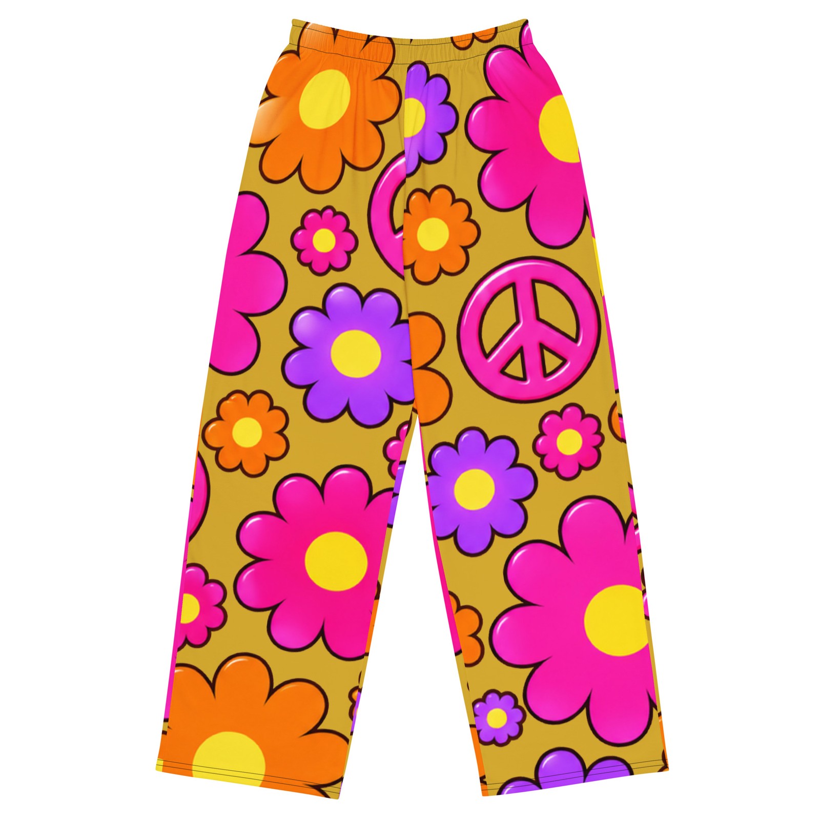 Groovy 70s Flower Power Wide Leg Pants Hippie Peace Sign Floral Lounge Pants