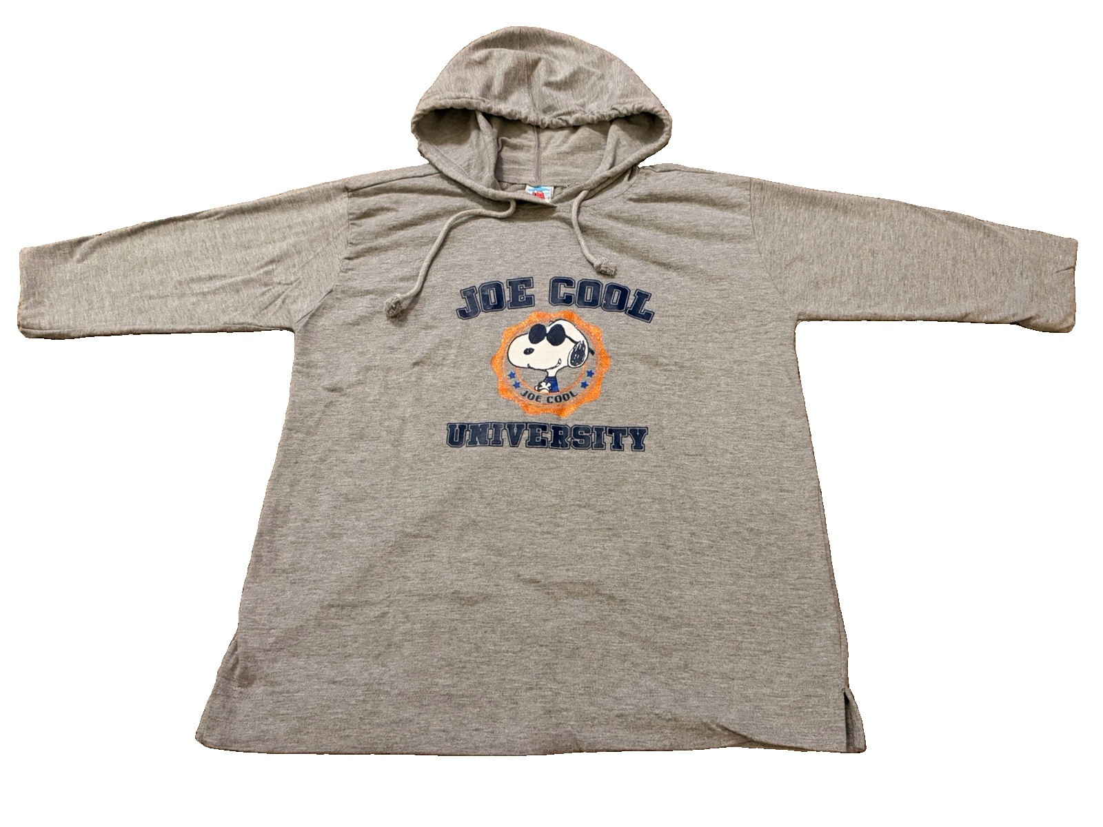 VTG Peanuts Joe Cool University Hooded 3/4 Sleeve Shirt Grey Pull Over Schulz L