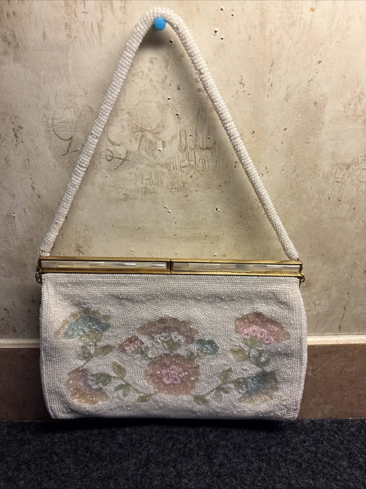 Vintage Antique Hand Beaded Dainty Pastel Floral White Evening Shoulder Bag