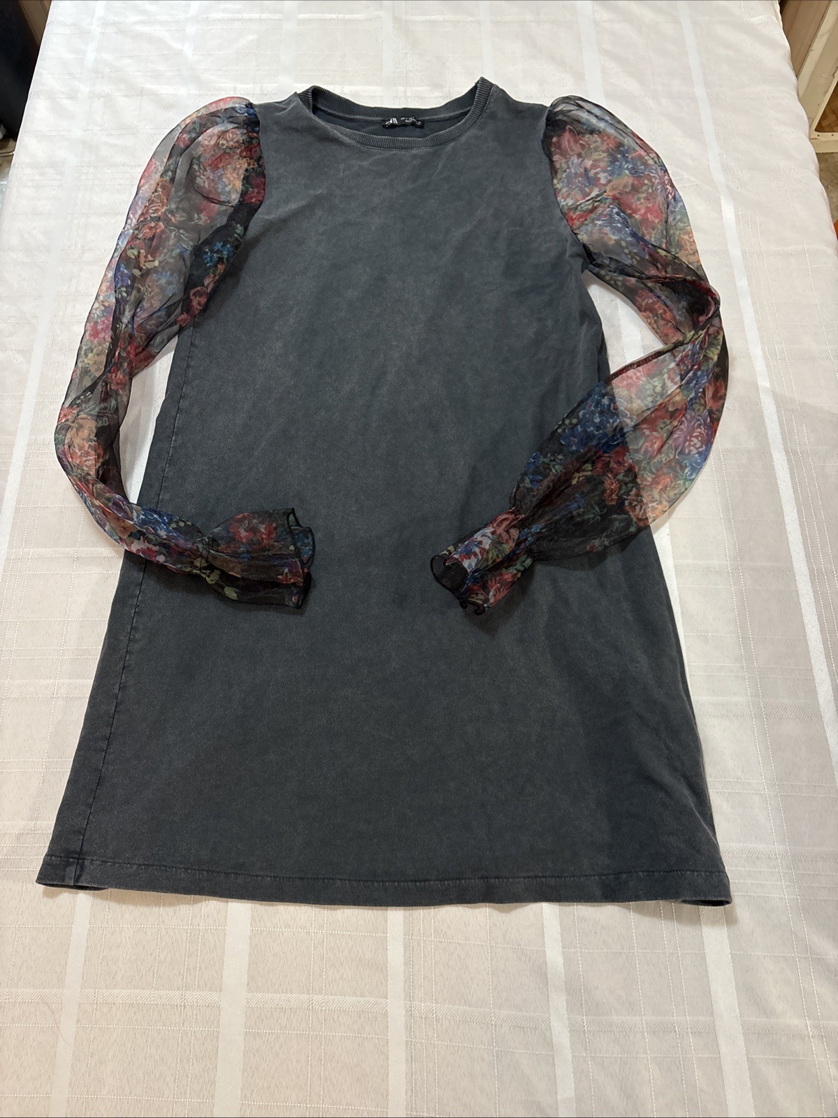 ZARA Gray wash CONTRASTING ORGANZA DRESS TRF PUFF SHOULDERS Fall Colors S