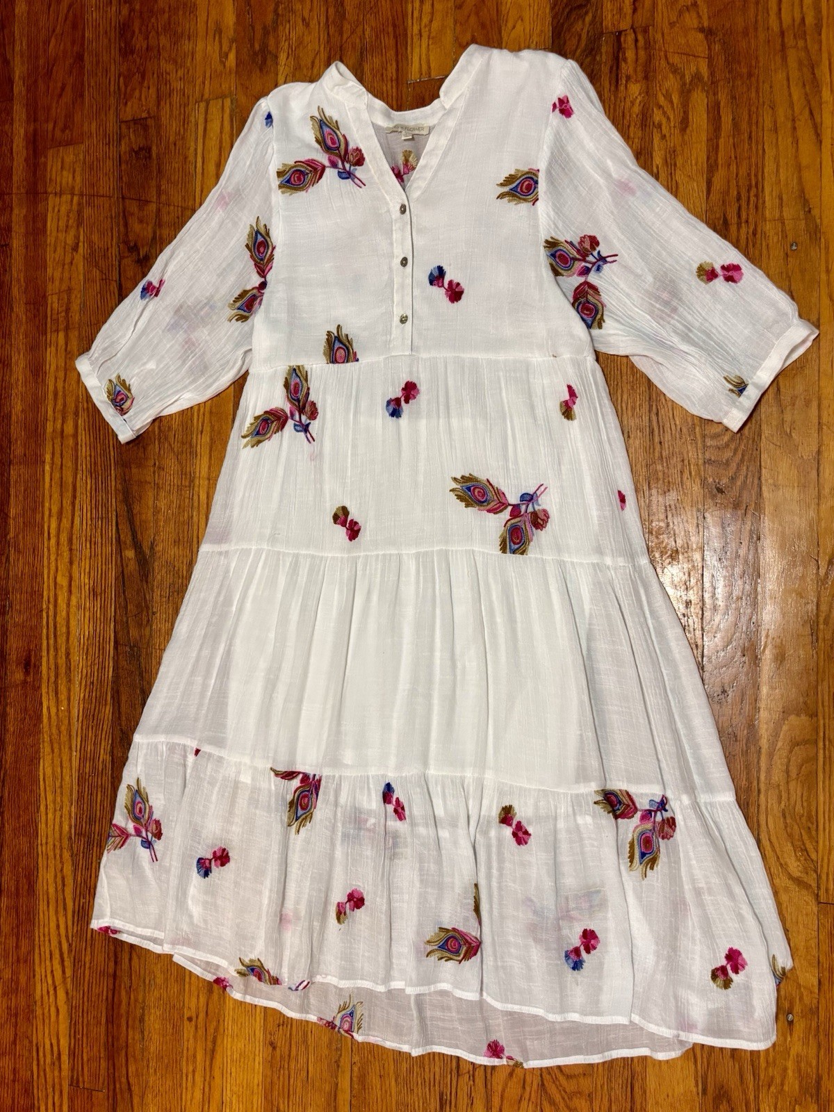 Fig + Flower White Embroidered Peacock Tiered Midi Dress Size L