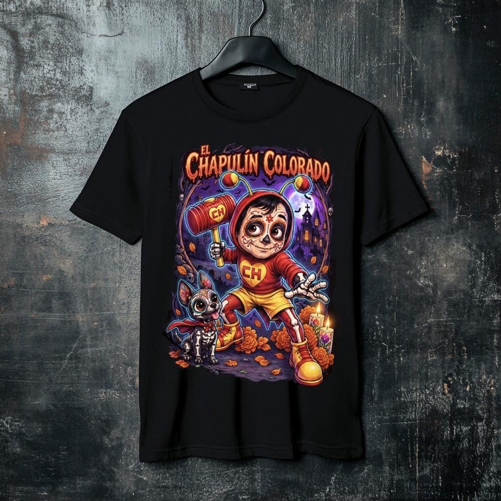 EL CHAPULIN COLORADO DIA DE MUERTOS HALLOWEN BLACK T SHIRTS