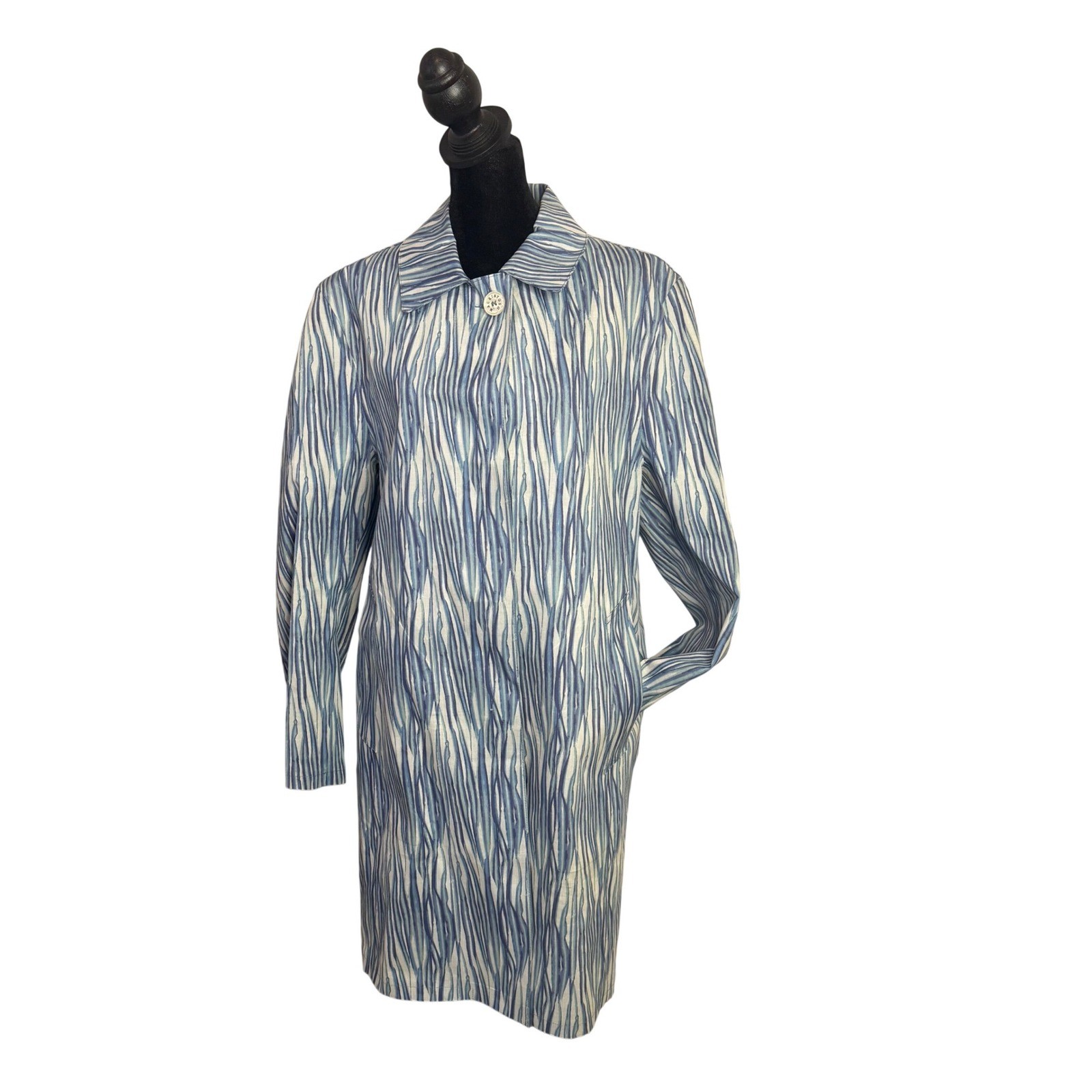 Mackintosh Raincoat Womens XL Blue White Abstract Rubberized Cotton Scotland