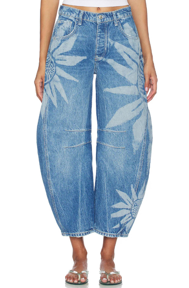FREE PEOPLE x We The Free Good Luck Printed Barrel Jean, Sun Fade NEW WT