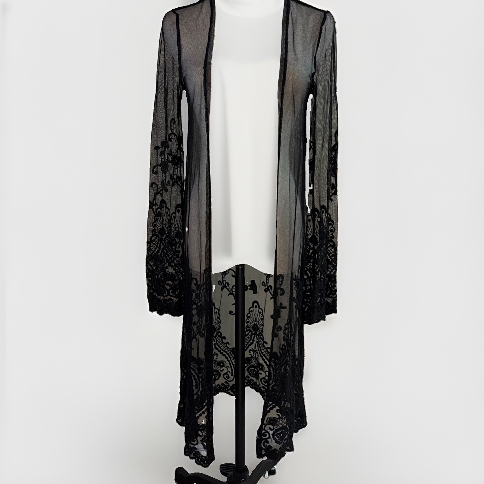 Black Sheer Lace Embroidered Cardigan Duster Size S Open Front Whimsigoth Fairy