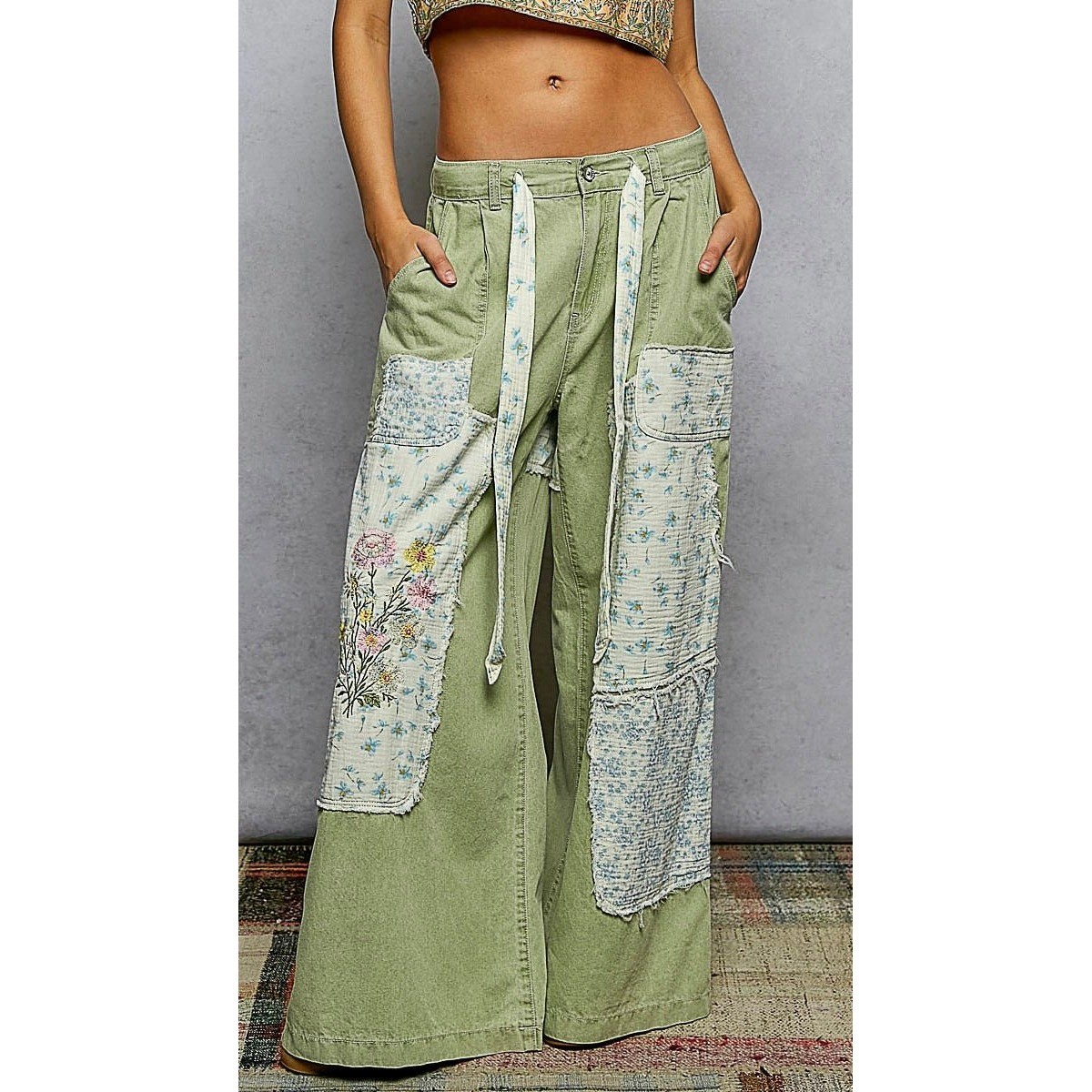 POL Clothing Patchwork Denim Pants Olive Green Floral Wide Leg Drawstring Size M