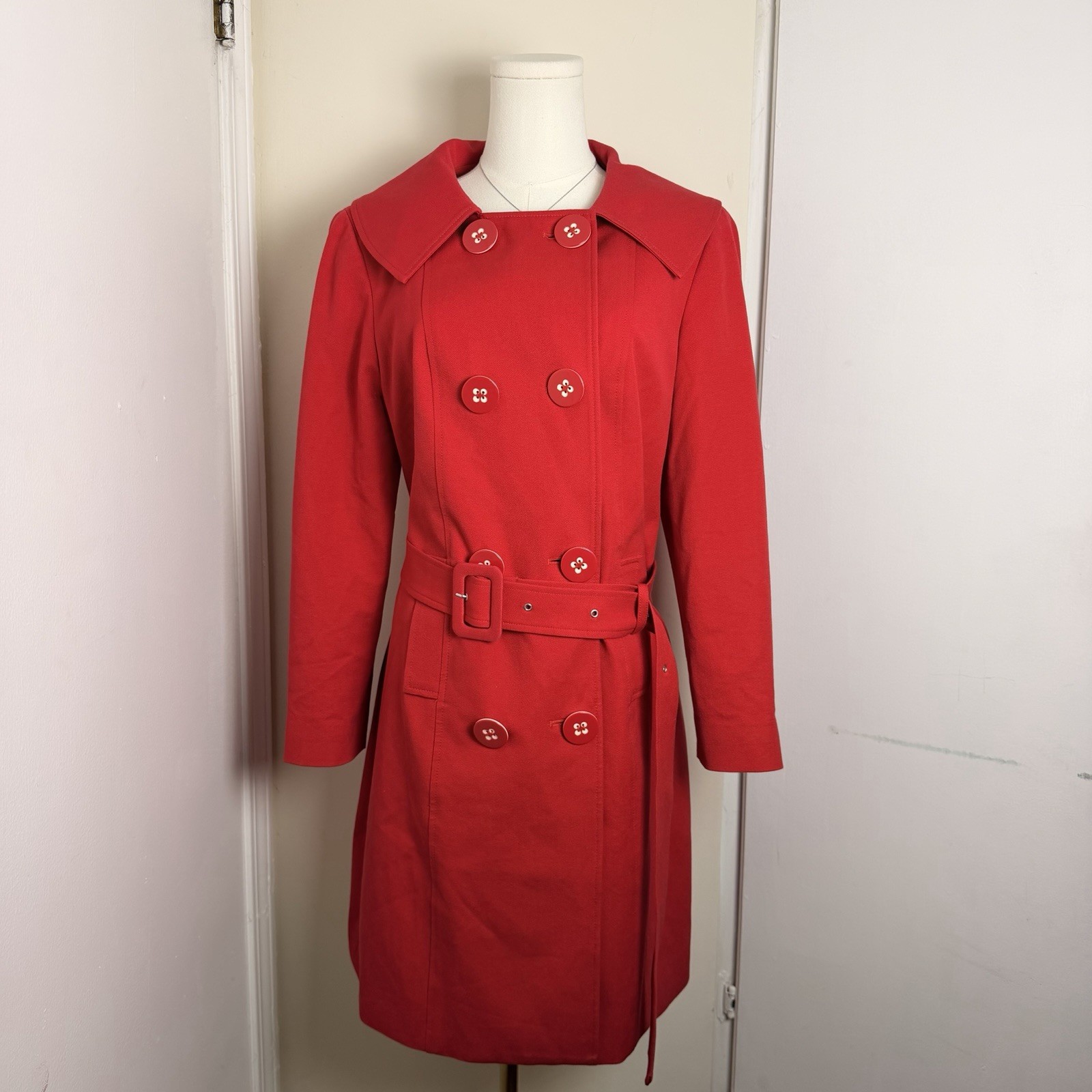 Doncaster Women\'s Coat Sz M Red Cotton Trench Jacket Belted With Buttons