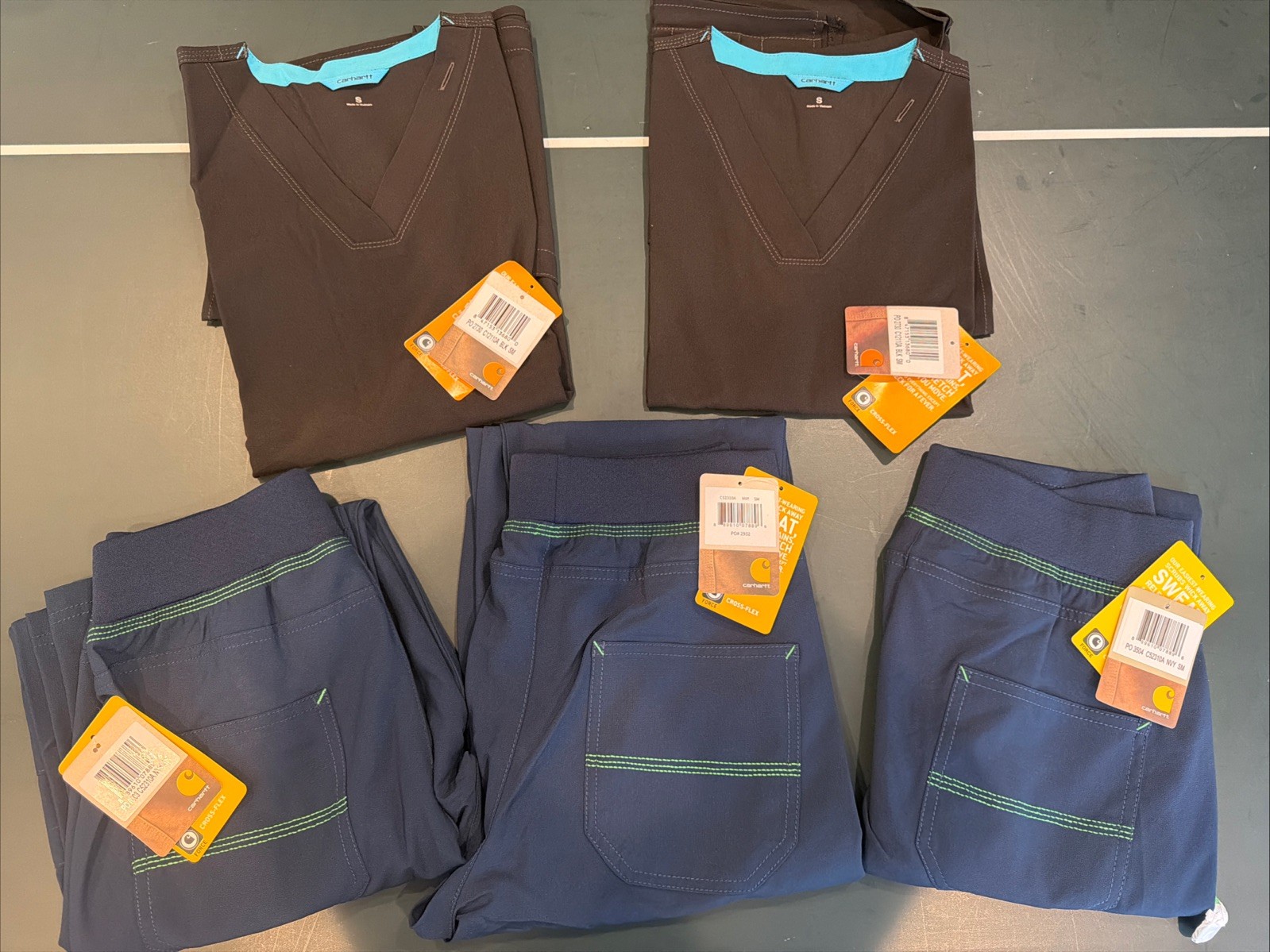 Assortment of Women’s Carhartt Tops & Pants - 2 Black Tops, 3 Navy Pants - Small