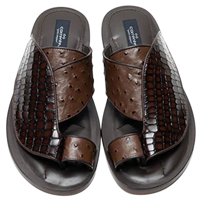 Corrente Men’s Brown Croco Print Ostrich Leather Open Toe Sandal