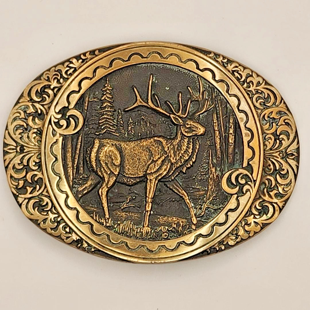 Vintage ADM Solid Brass Elk Belt Buckle   Award Design Medals Norman OK Wildlife