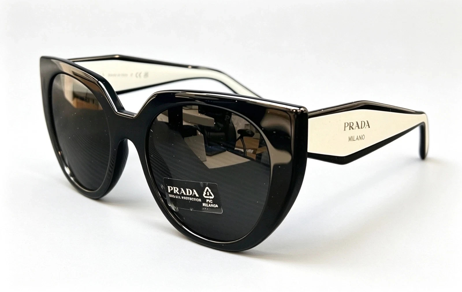 Prada PR 14WS Black Cat Eye Sunglasses Ivory Temple Gray Lens
