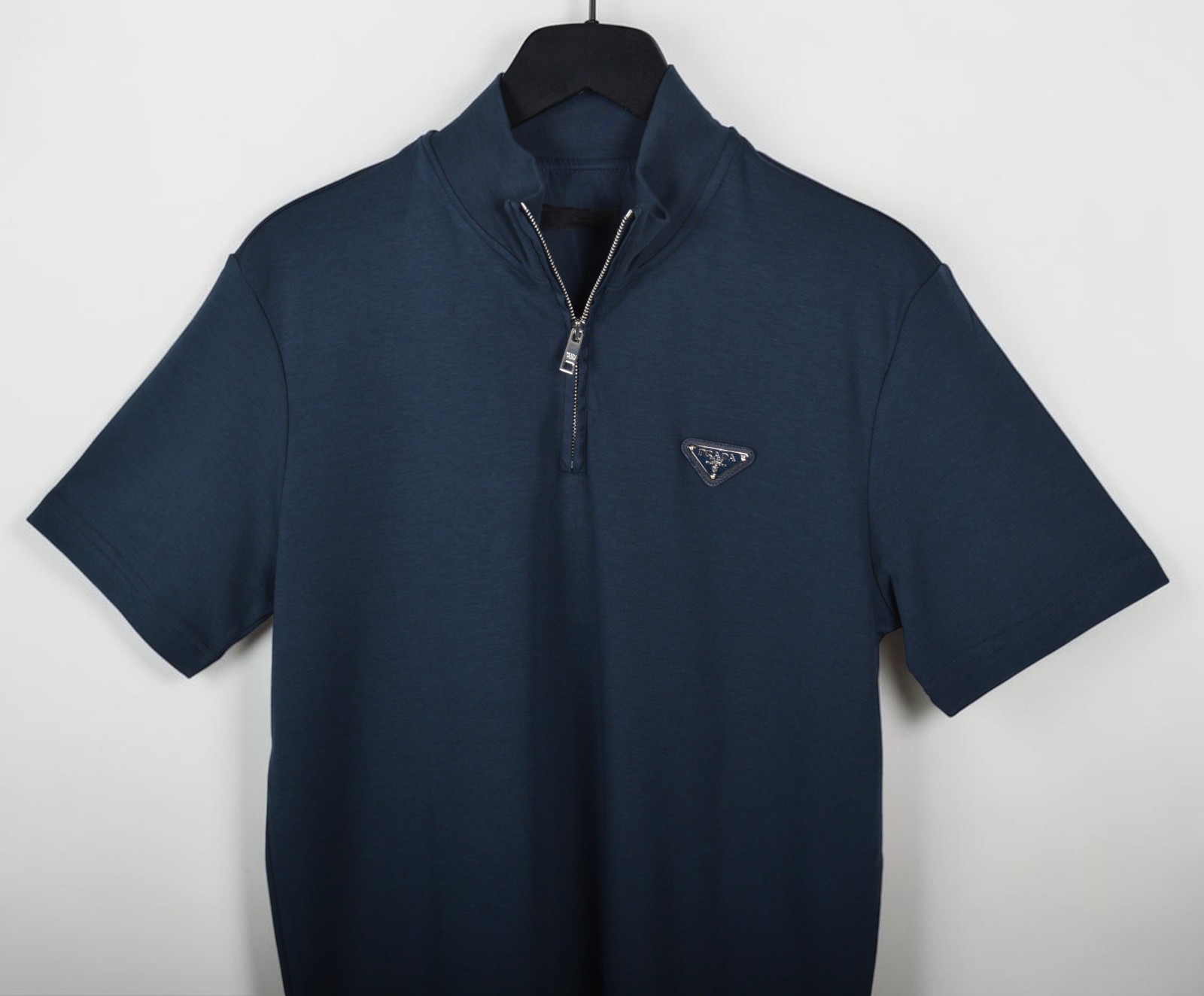 Prada Men\'s Navy Blue Triangle Logo Quarter Zip Polo Shirt Size Large
