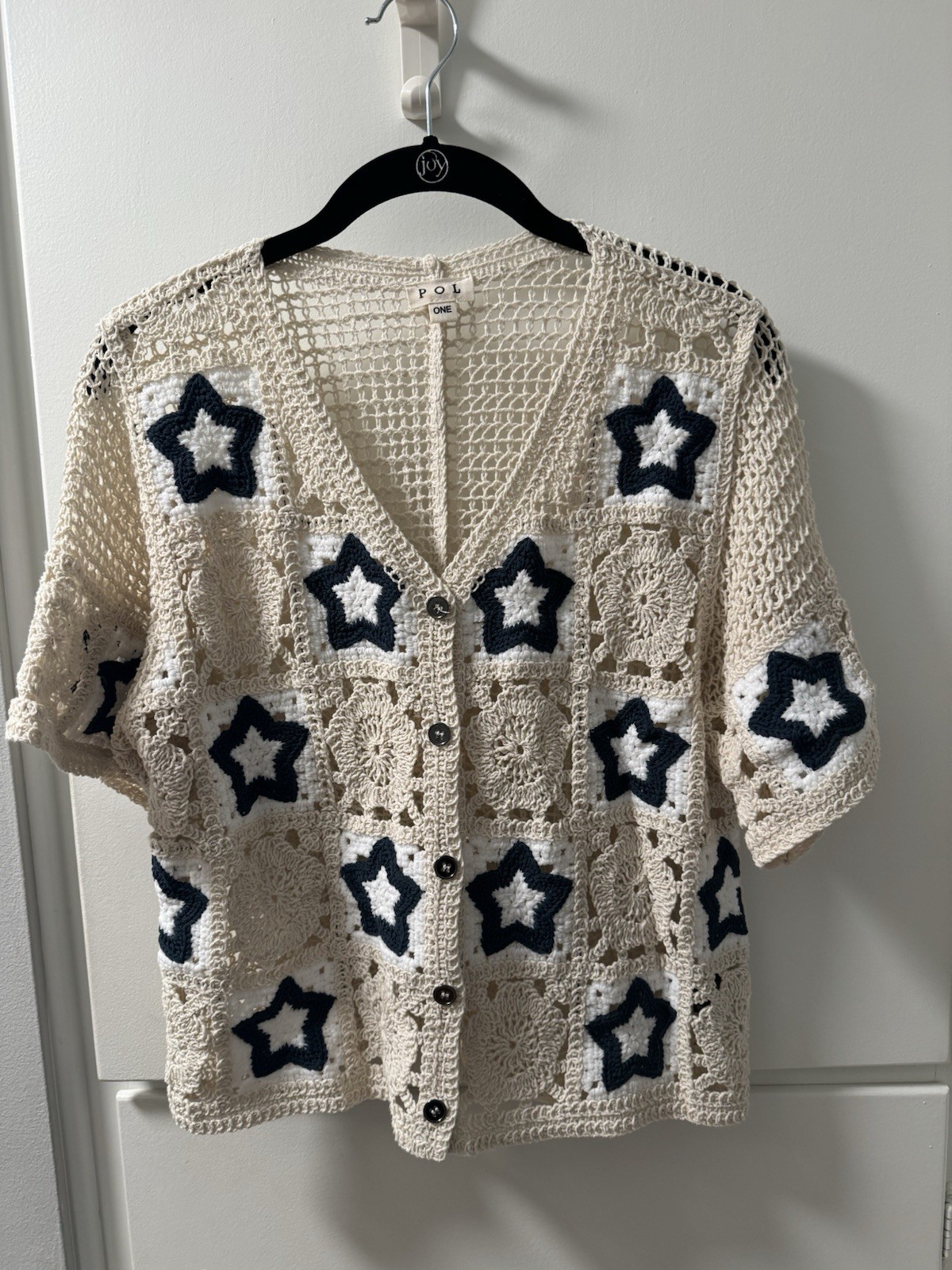 New POL Short Sleeve Star Pattern Crocheted Women’s Top (cream/navy)