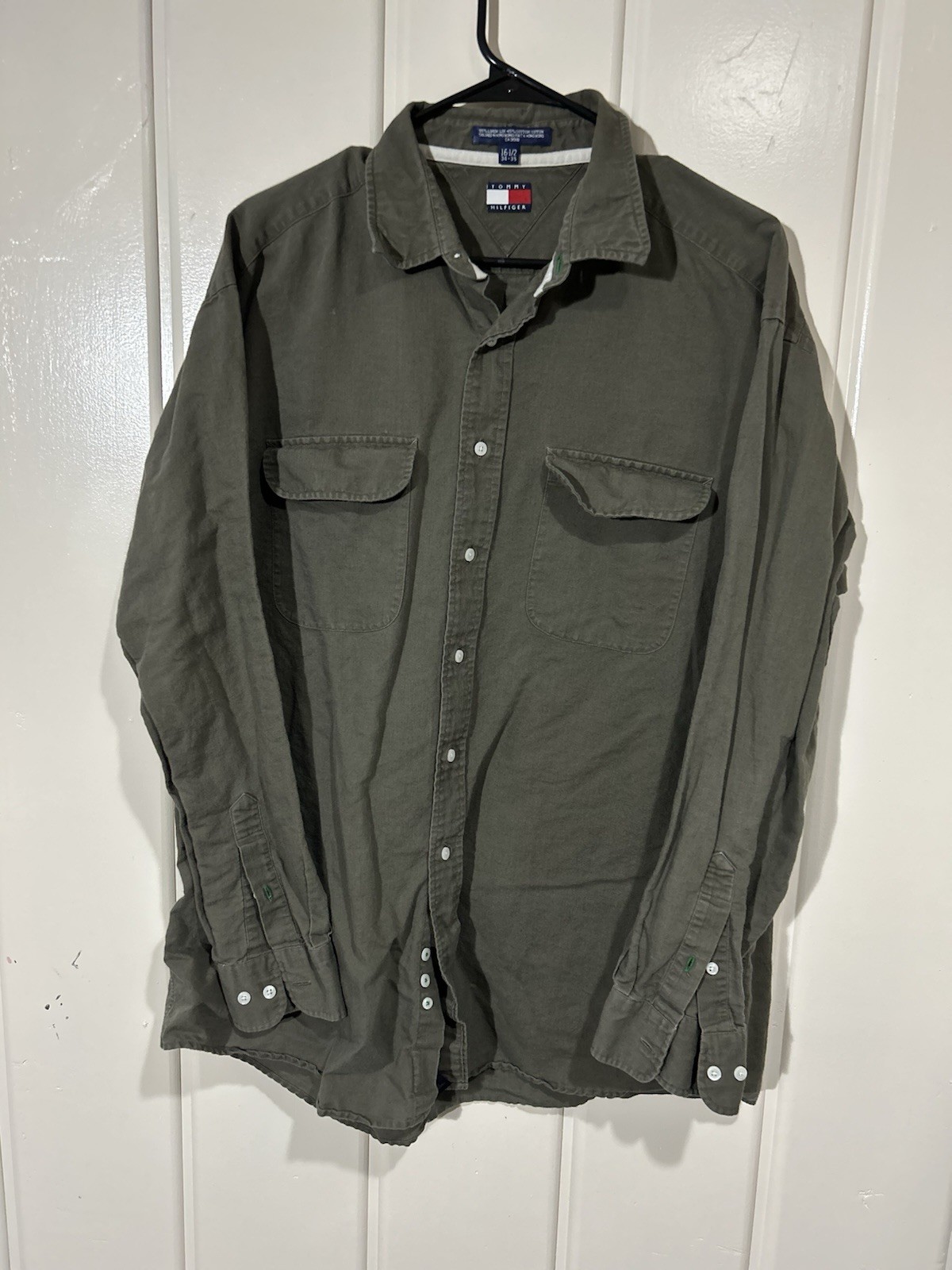 Vintage Tommy Hilfiger Men\'s XL Olive Green Button Down Shirt Long Sleeve Flag