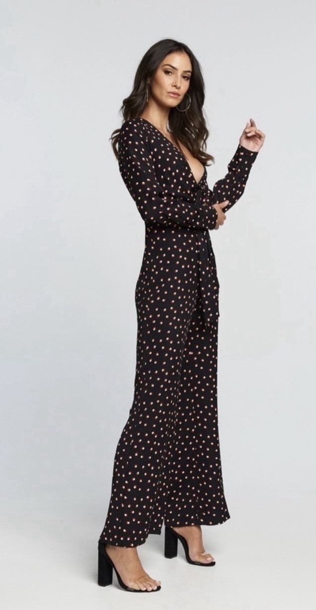 NWOT Bardot Pant Jumper Jumpsuit Tie Front V-Neck Polka Dot Wide Leg Black Sz 6