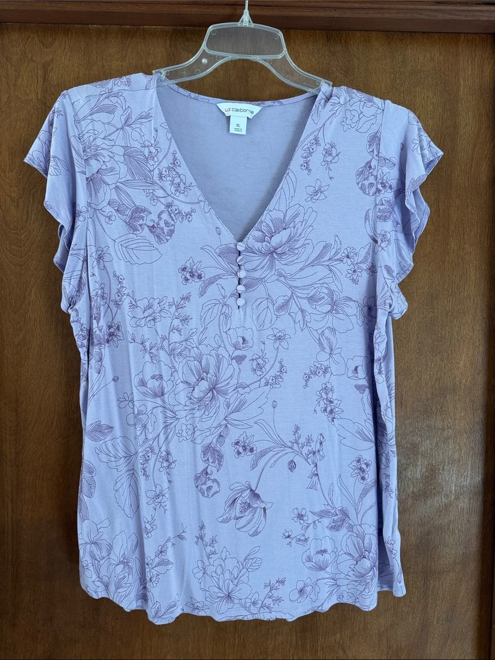 Liz Claiborne Floral V Neck Blouse XL Lavender Button Front Flutter Sleeve